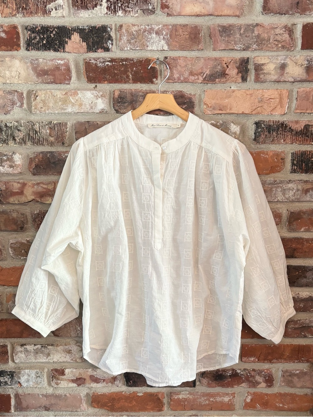 Marie Louise De Monterey White Cotton Embroidered Popover Tunic Blouse Top, 14